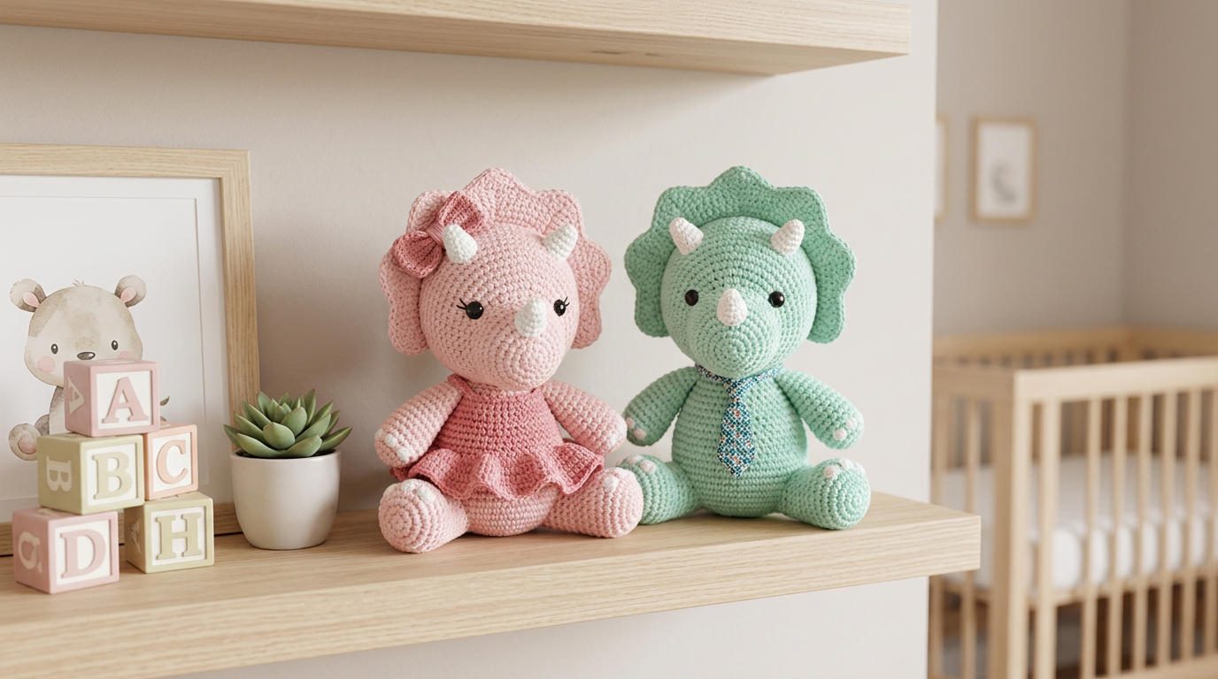 Soft crochet dinosaur stacking toy with adorable baby dino topper.