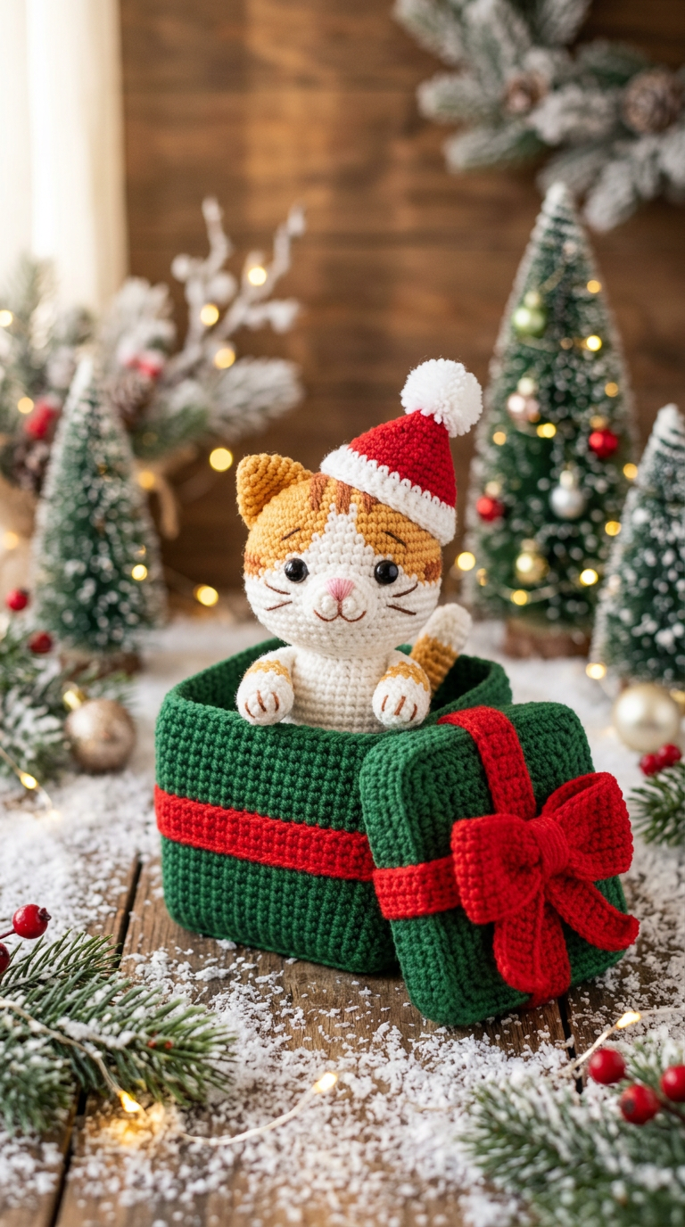 Christmas Giftbox Cat Crochet Pattern (Free Amigurumi PDF)