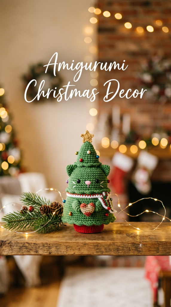 “Finished crochet Christmas tree cat amigurumi styled as holiday decor.”