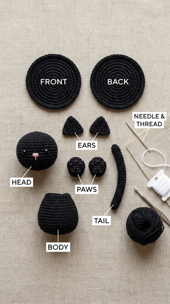  “Crochet cat pieces ready to assemble onto the Christmas tree.”