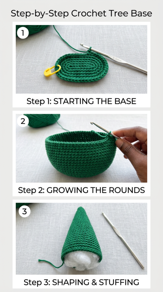 “Crochet tree base shaping from oval to cone in continuous rounds.”