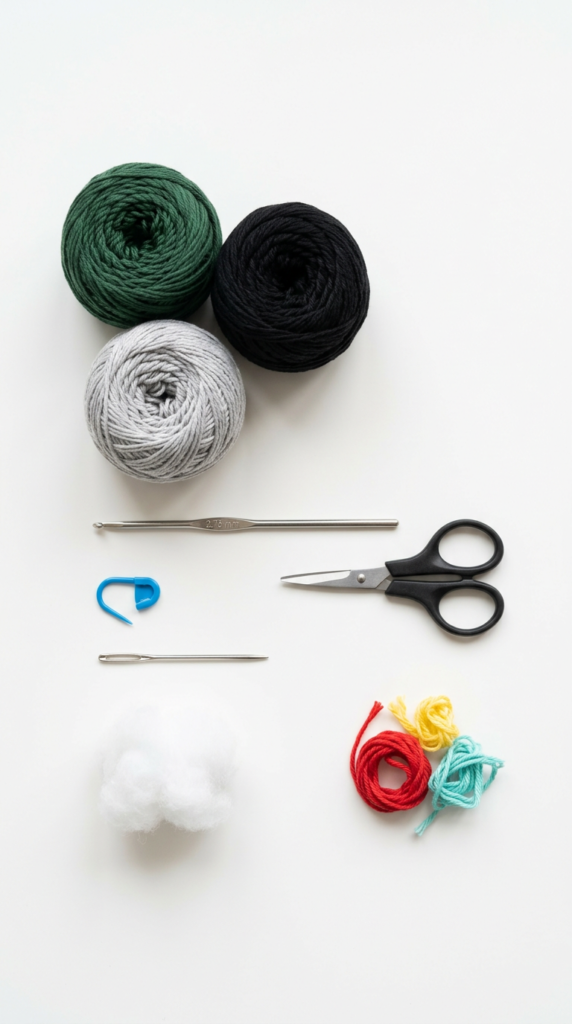  “Yarn, hook, stuffing, and tools for crochet Christmas amigurumi.”