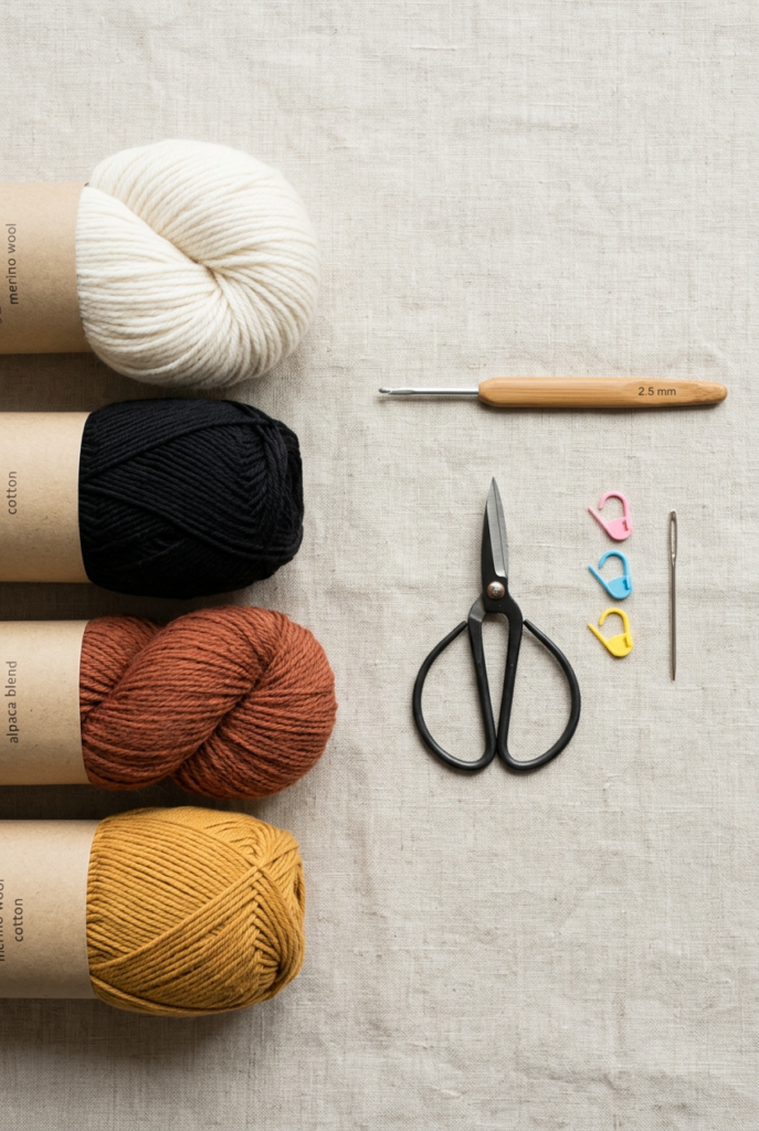Yarn and tools needed for an intarsia crochet tote bag.