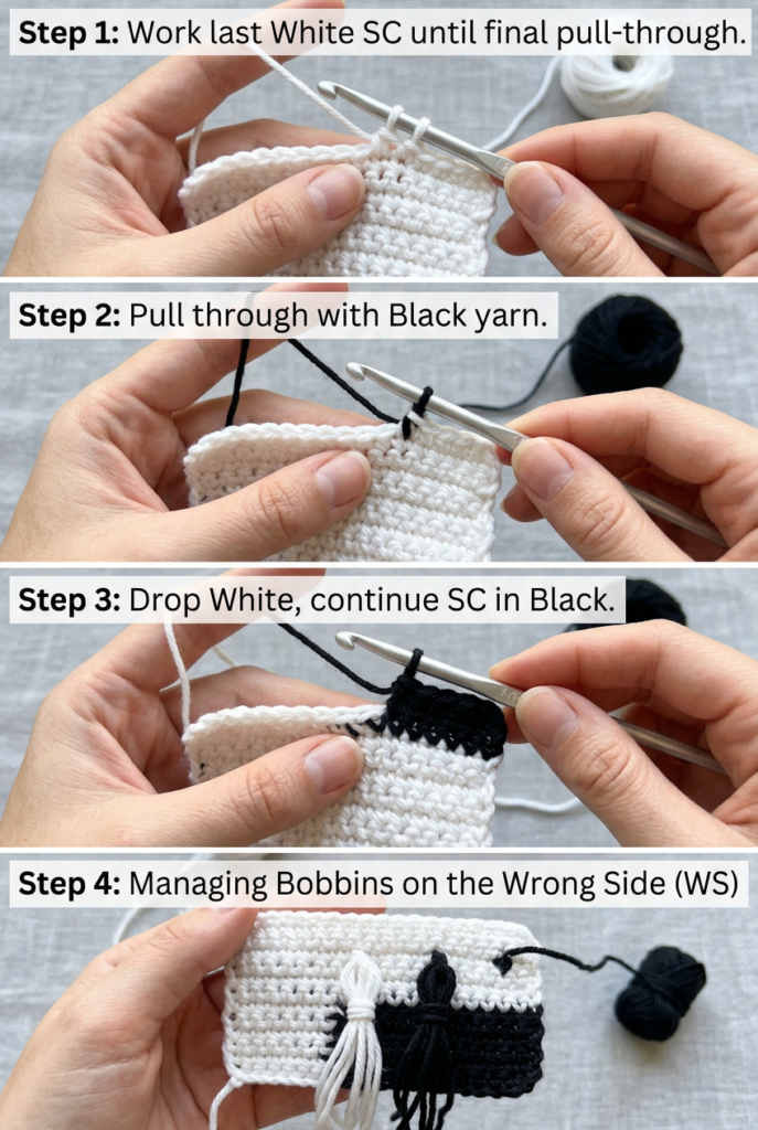 How to change colors in single crochet intarsia (right and wrong side).