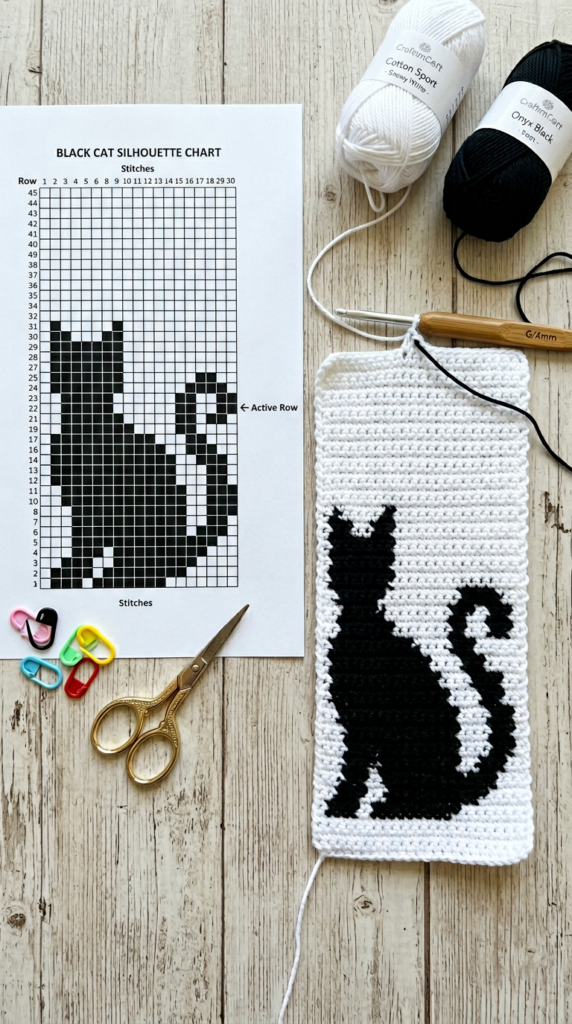 Intarsia crochet chart and front panel progress for cat tote bag.