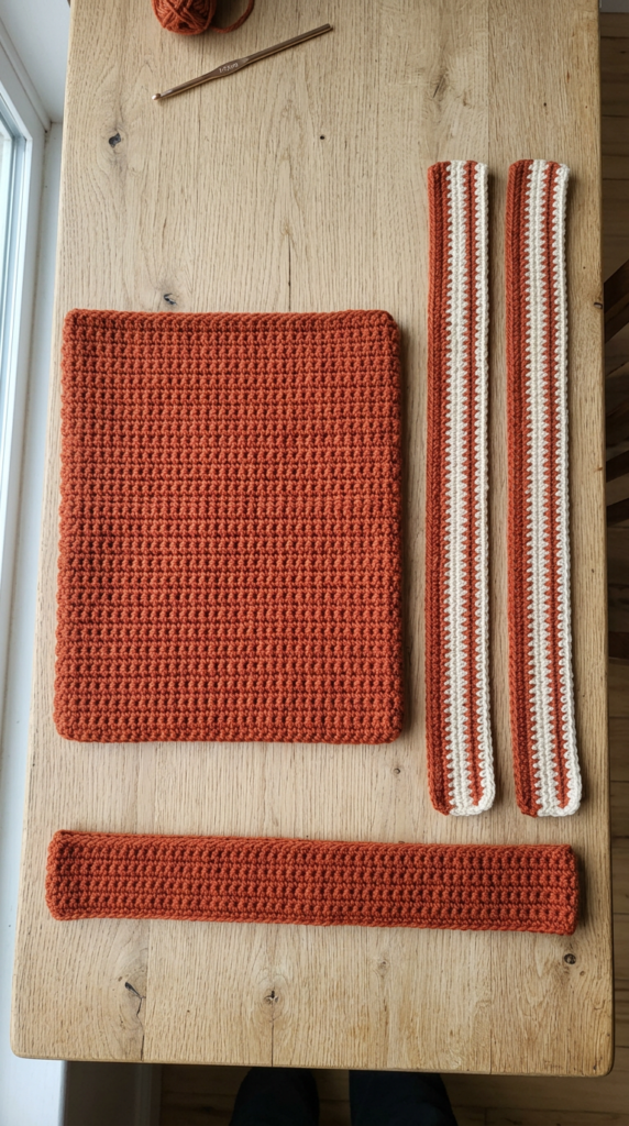 Crochet tote bag parts: back panel, handles, and bottom strip.