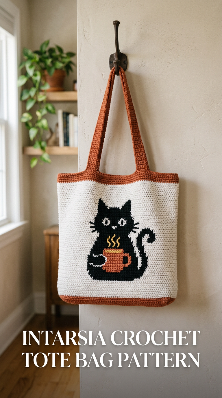 Cat With a Cup Crochet Tote Bag Pattern (Intarsia + Single Crochet)