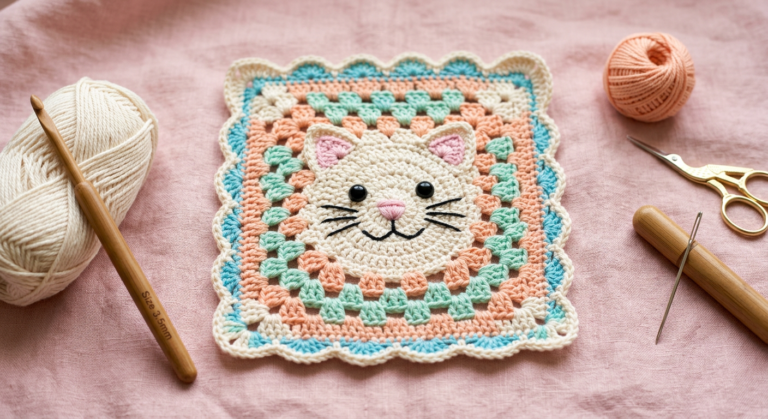 Cat Granny Square Crochet Pattern – Cute Cat Face Motif (11 cm)