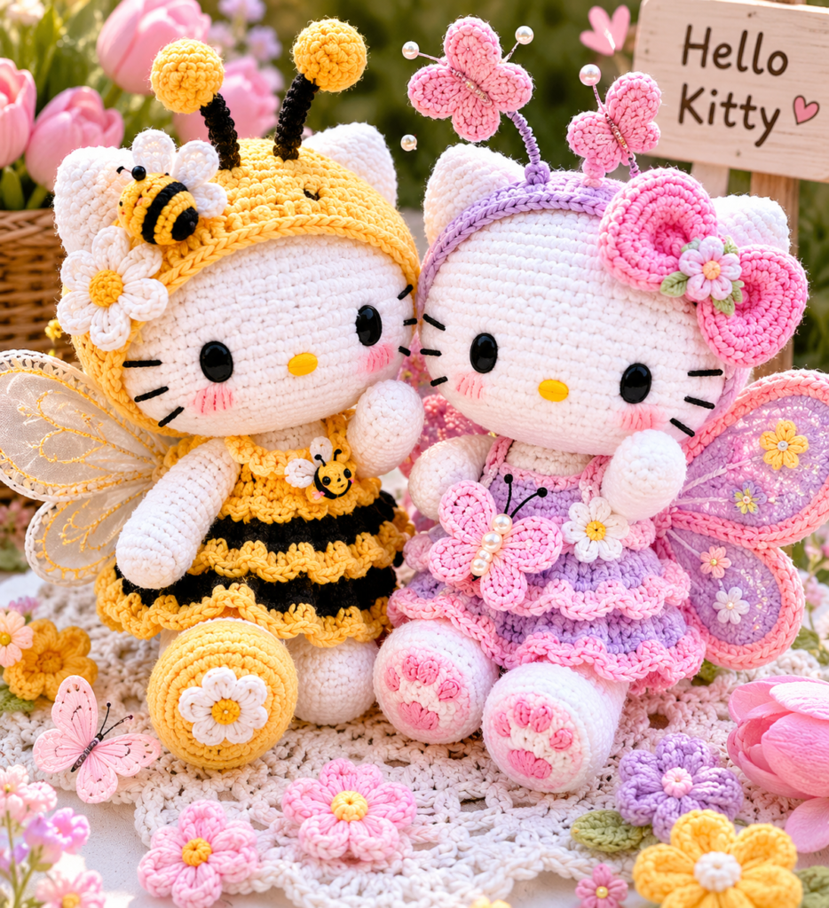 Handmade crochet Hello Kitty dolls in colorful spring-themed outfits.