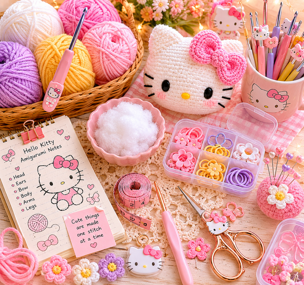 Crochet supplies arranged neatly for making a Hello Kitty amigurumi toy.
