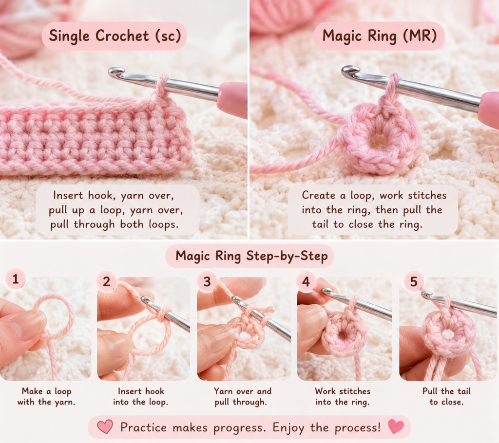 Close-up view of beginner crochet stitches used in amigurumi patterns.