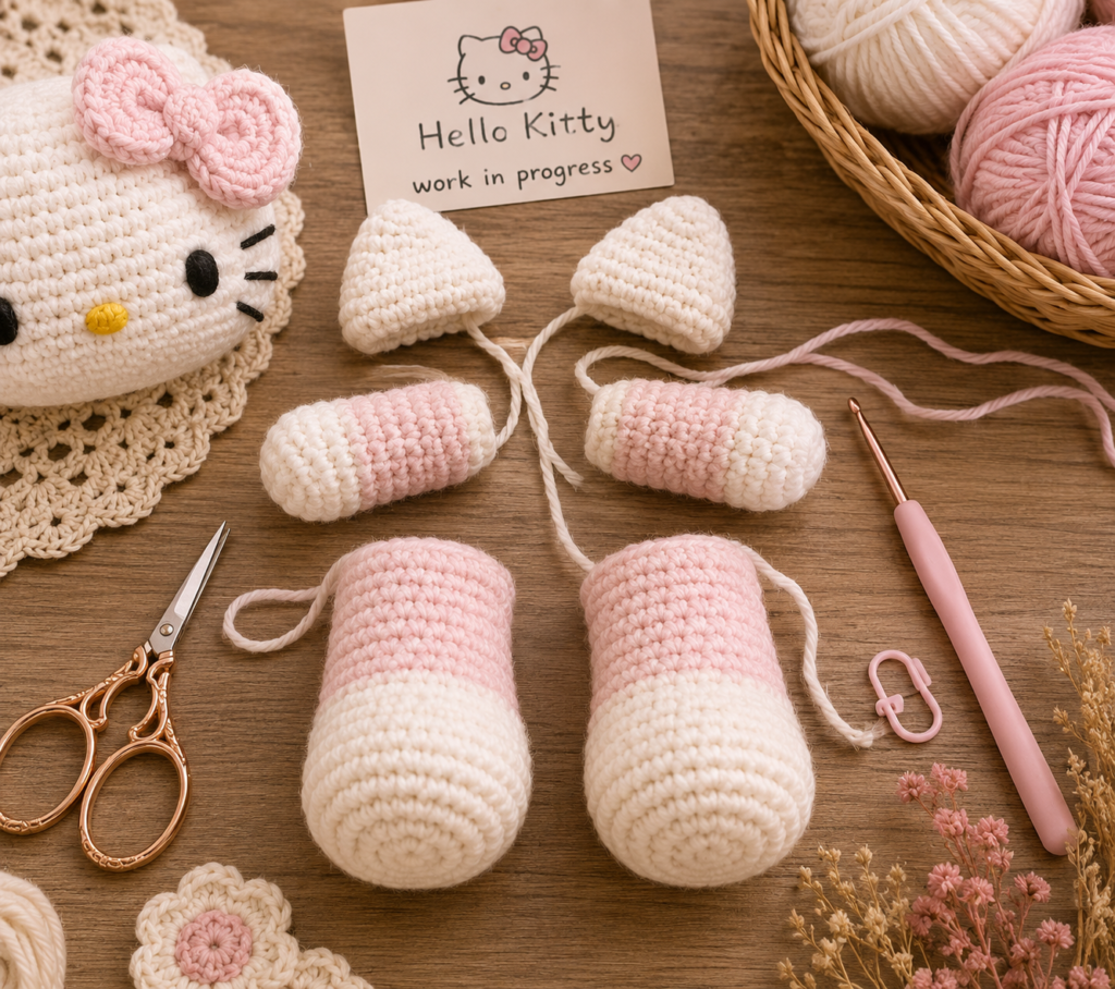 Crochet Hello Kitty body parts prepared before assembly.