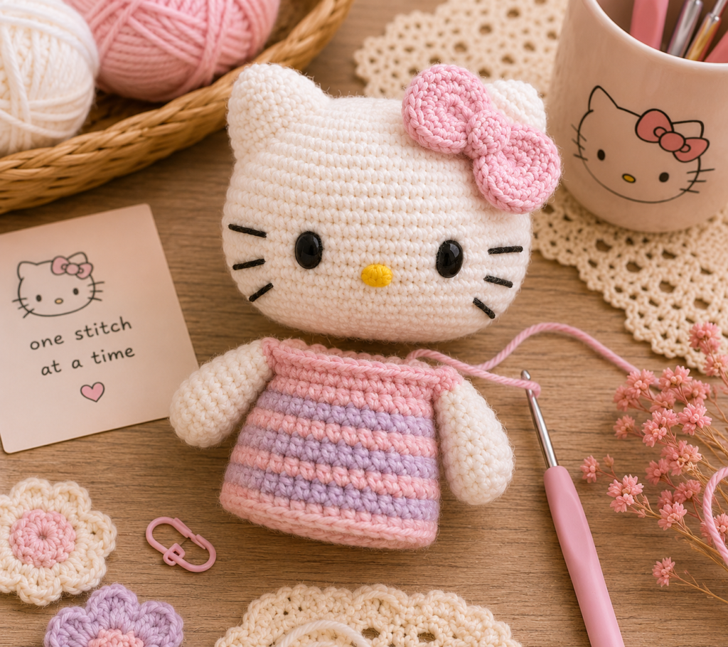 Partially completed crochet Hello Kitty head and striped body.
