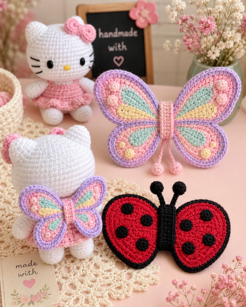 Crochet butterfly and ladybug wings prepared for Hello Kitty plush toy.