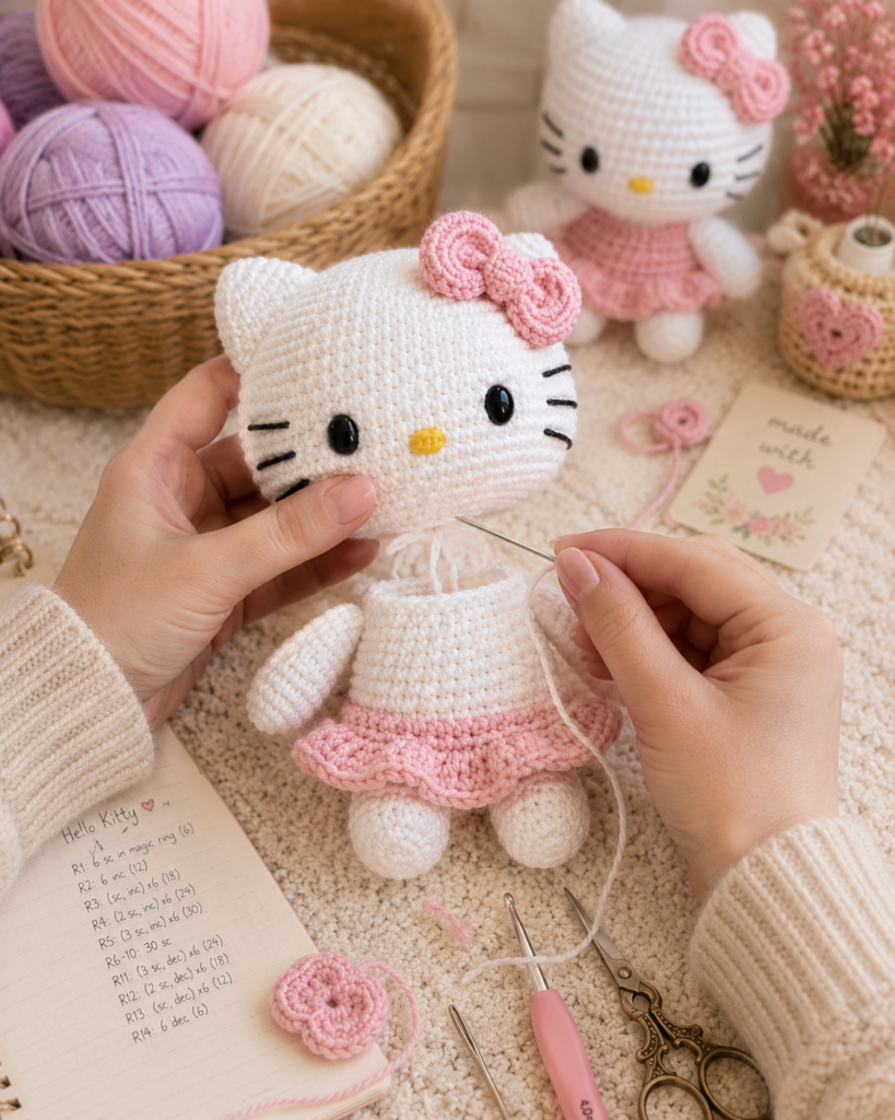 Final assembly of a crochet Hello Kitty amigurumi doll.