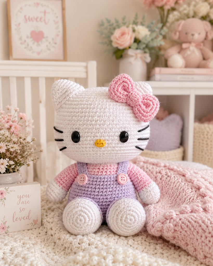 Finished crochet Hello Kitty plush displayed in cozy nursery decor.