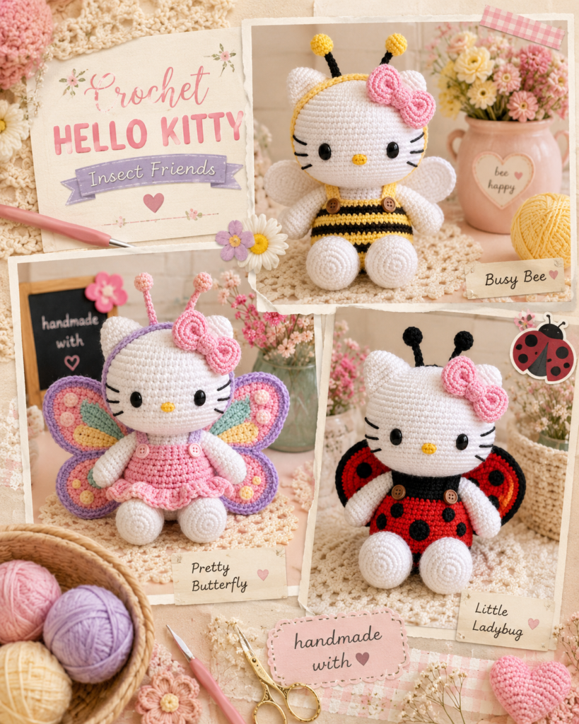 Pinterest collage featuring colorful crochet Hello Kitty dolls.