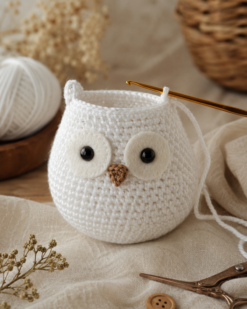 Crochet owl body being worked in continuous rounds.