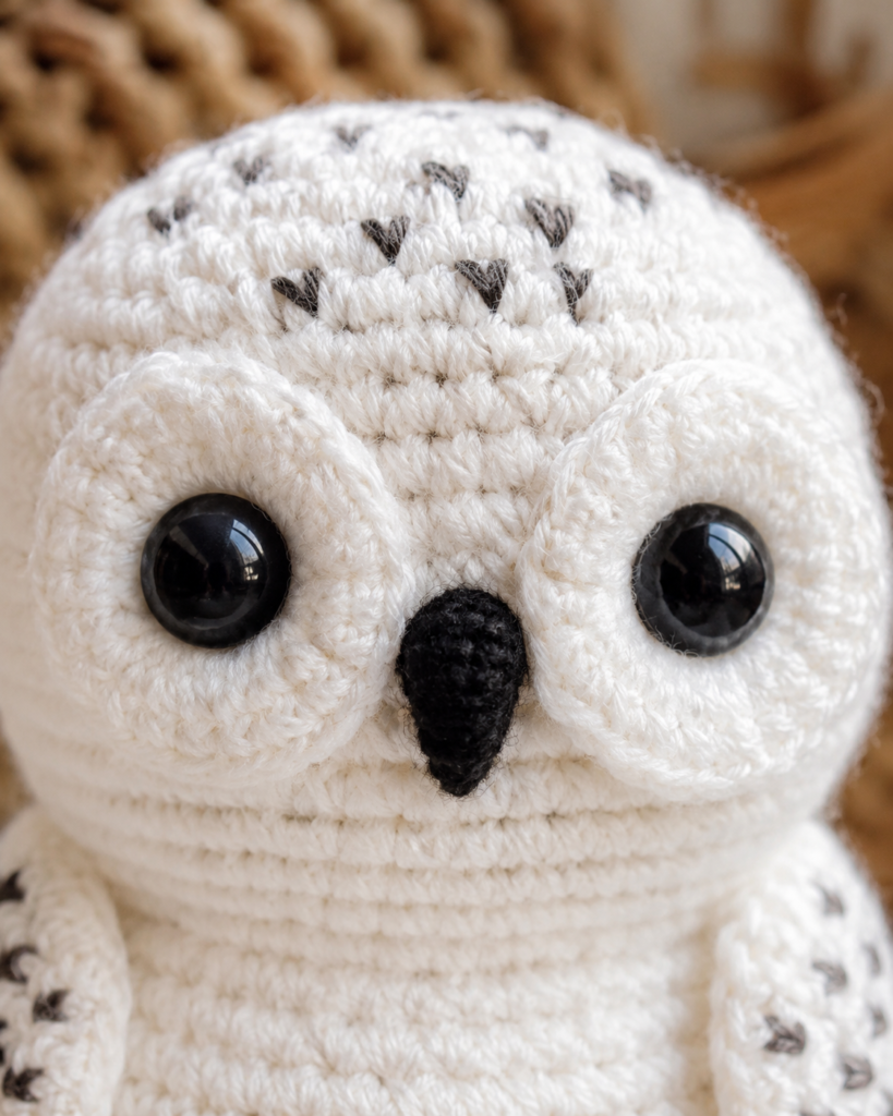 Close-up of the crochet owl face with attached safety eyes and beak.