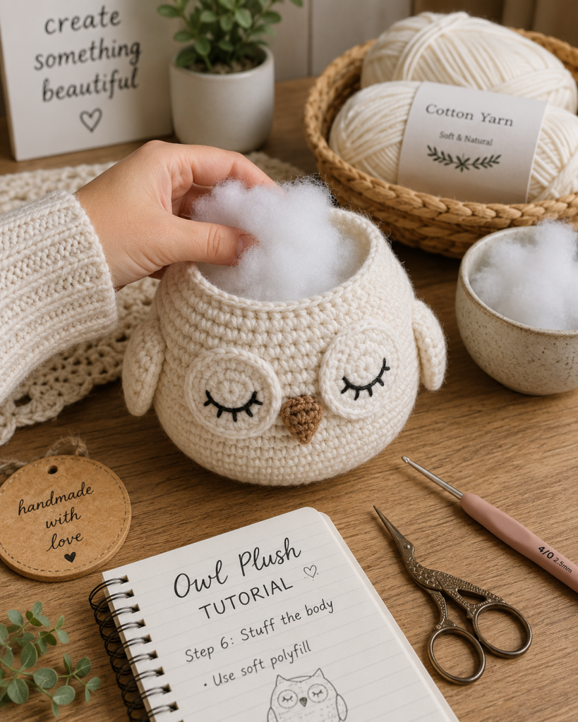 Crochet owl plush being stuffed before finishing.