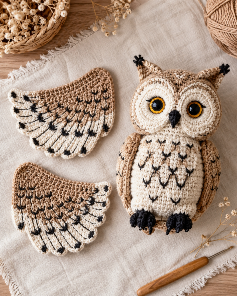 Crochet owl wings with decorative feather details.