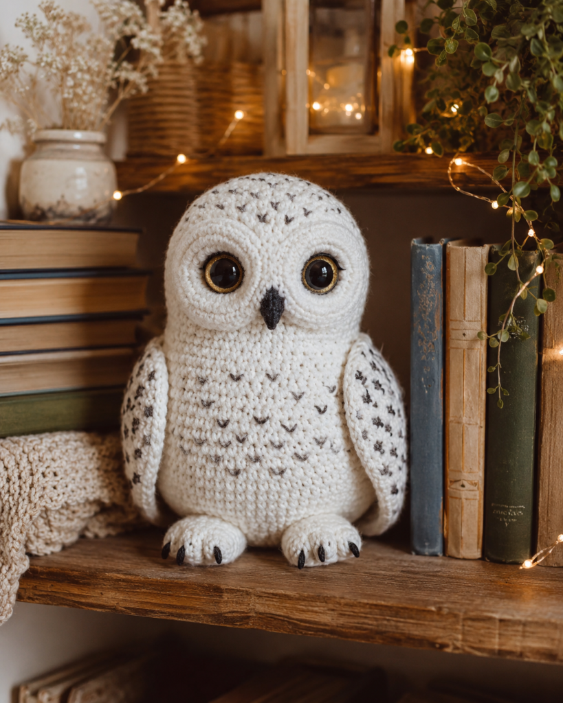 Finished Hedwig-inspired crochet owl plush displayed on a shelf.