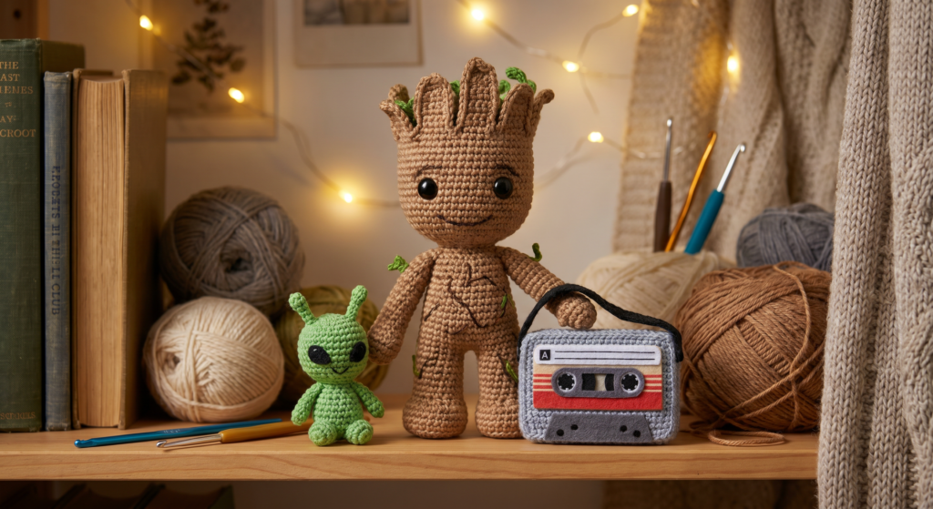Crochet Groot with mini alien and cassette player accessories