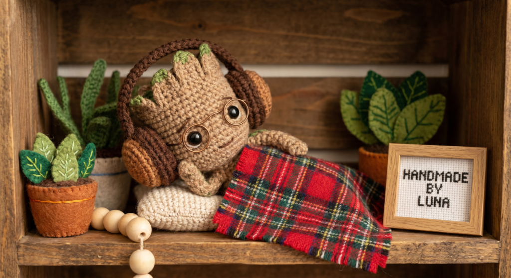 Finished crochet Groot with headphones and glasses.