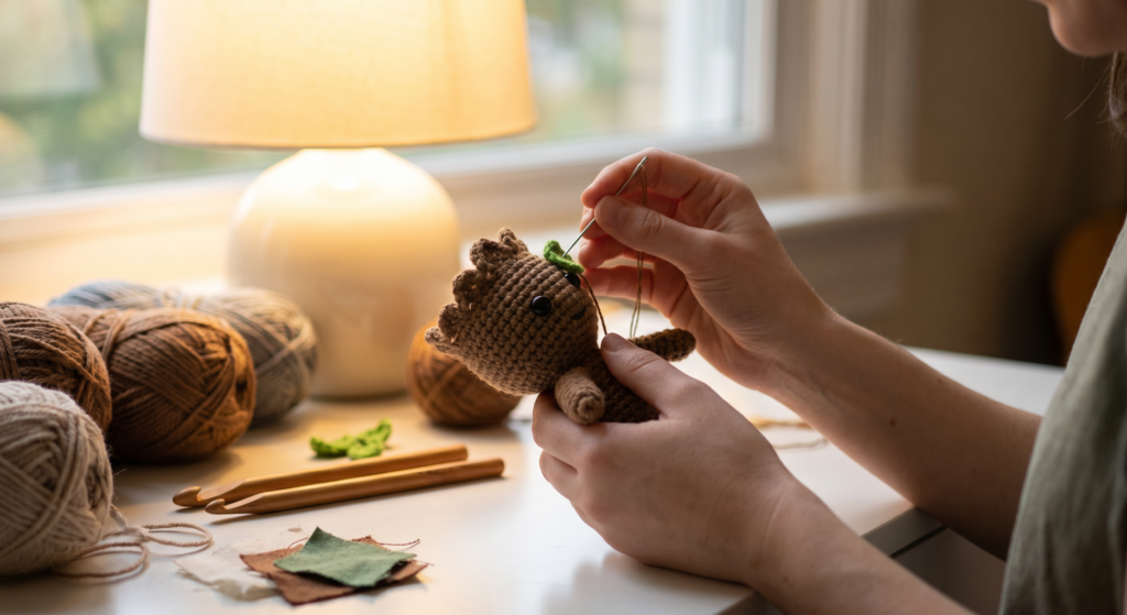Assembling and sewing crochet Groot details.