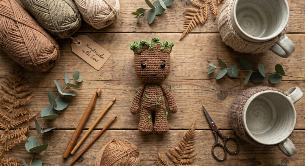 Pinterest-ready crochet Groot amigurumi display.