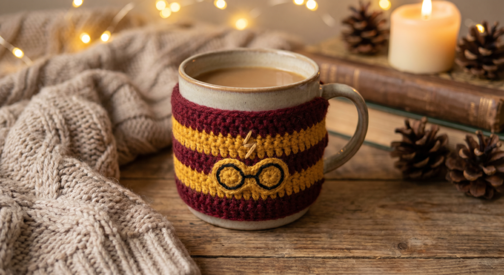 Close-up view of crochet glasses attached to a Harry Potter cup cozy.