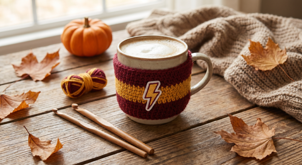 Finished Harry Potter crochet cup cozy next to a warm coffee drink.