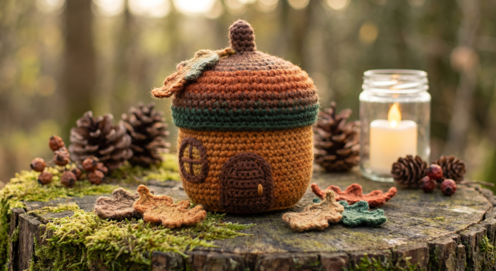 Finished crochet acorn house decorated with green leaves.