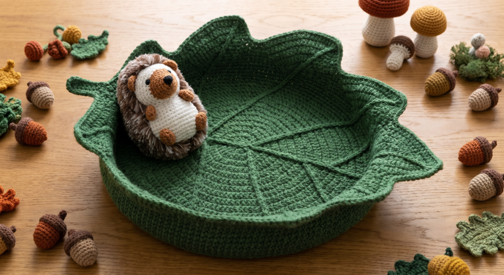 Crocheted green leaf bed for woodland hedgehog display.