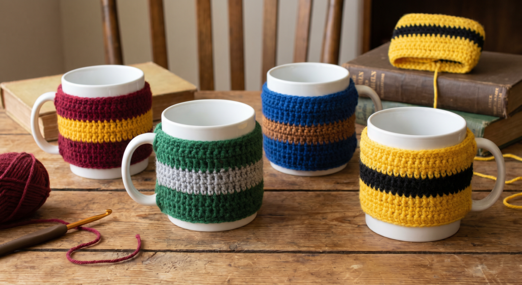 Colorful crochet cup cozies displayed with different scarf stripe combinations.