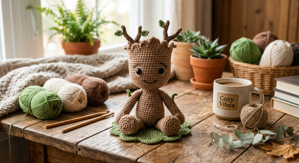 Crochet Baby Groot amigurumi sitting on a craft table.