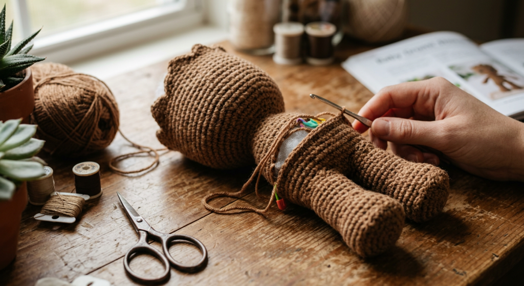 Crochet Groot body and legs being assembled.