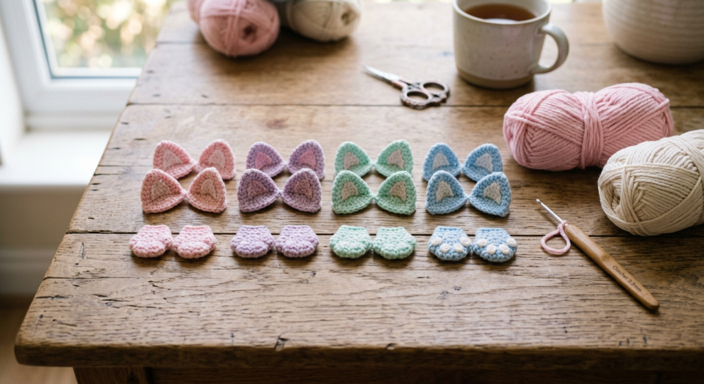 Small crochet cat ears and legs prepared for assembly.