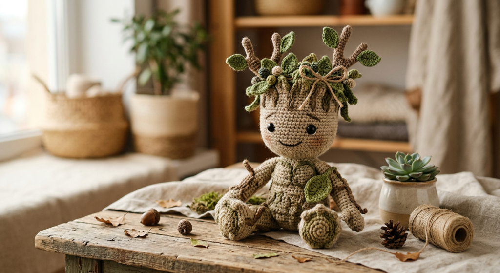 Crochet Groot crown with green leaf details.