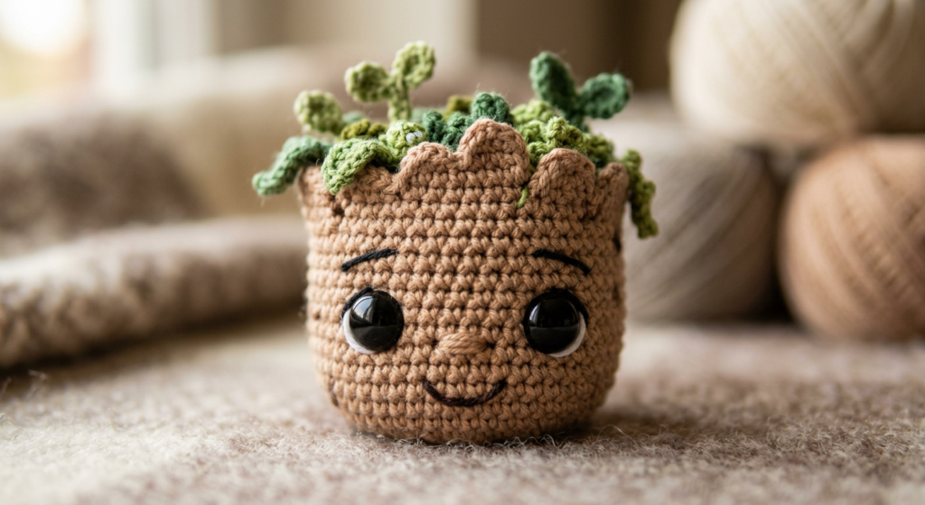 Close-up of Baby Groot crochet face details.