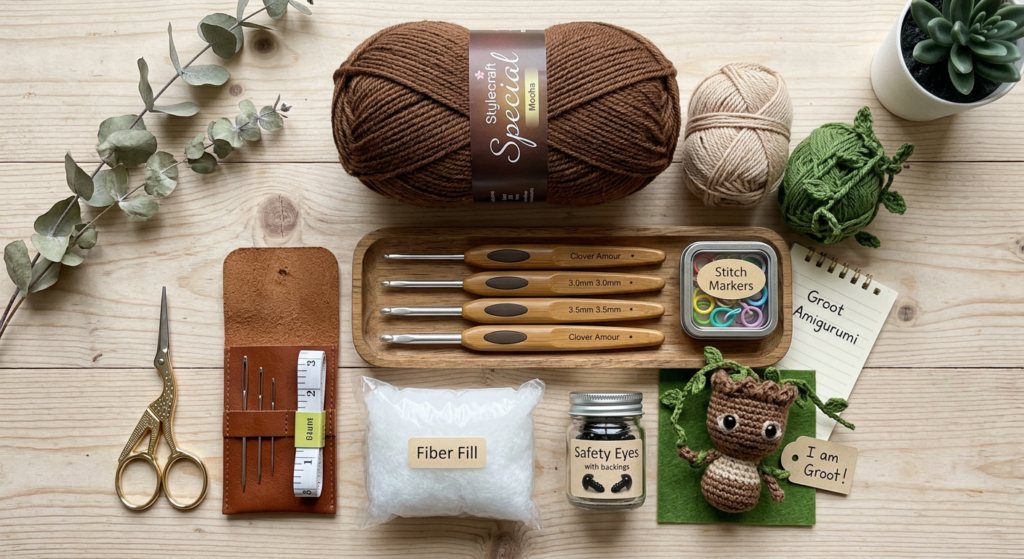 Crochet materials needed for Groot amigurumi pattern.