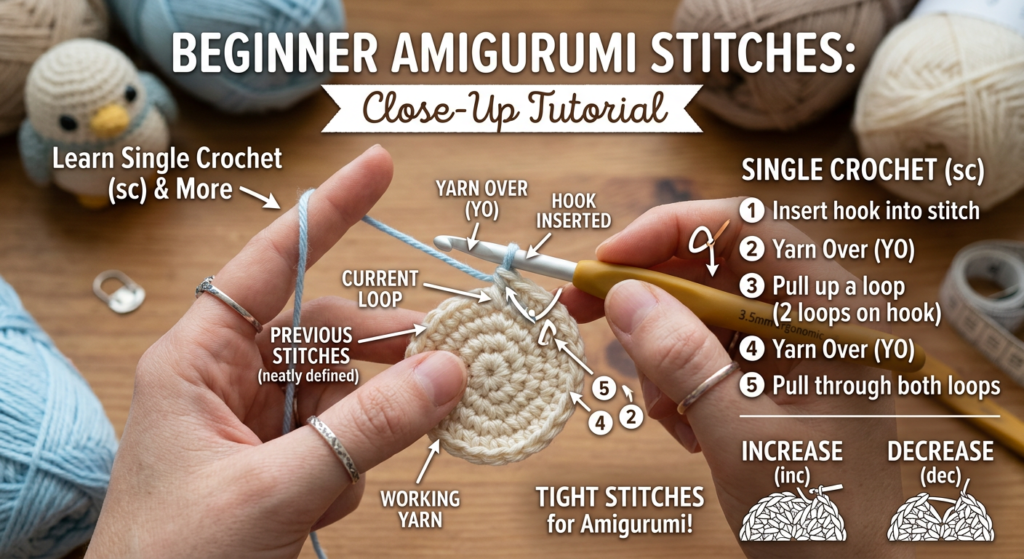 Basic crochet stitches used in the hedgehog amigurumi pattern.
