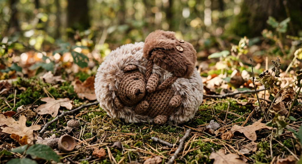 Crochet hedgehog wearing removable faux fur covering.