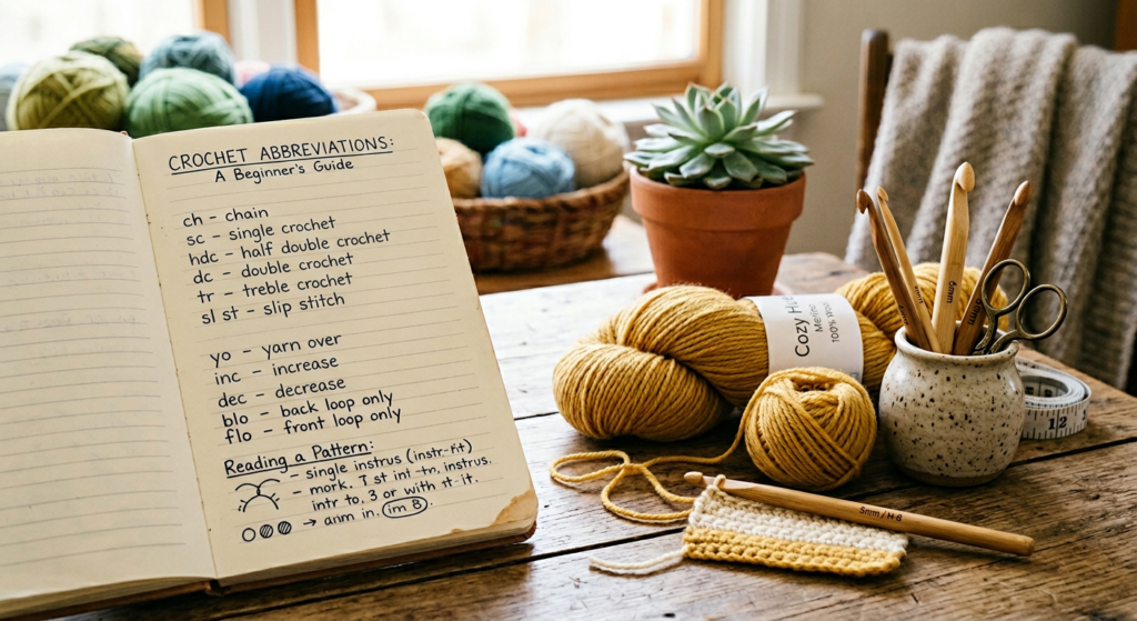 Crochet abbreviations and beginner crochet instructions beside yarn tools.