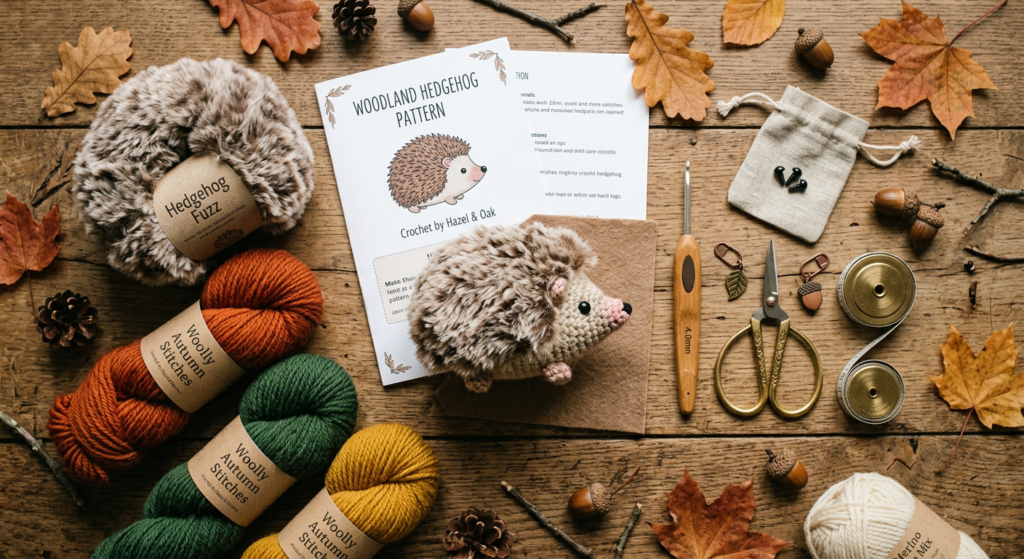 Crochet materials for making a hedgehog and acorn house.