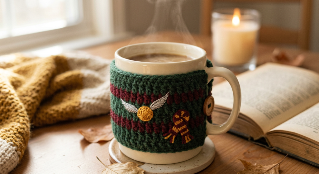 Harry Potter inspired crochet cup cozy wrapped around a coffee cup.