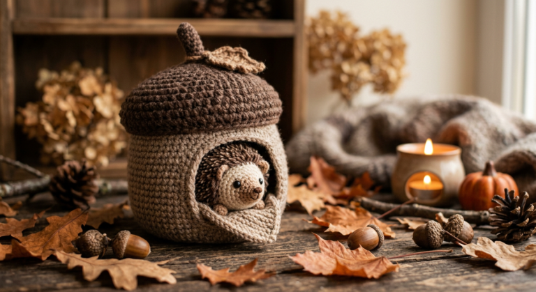 Cute crochet hedgehog sitting inside a handmade acorn house.
