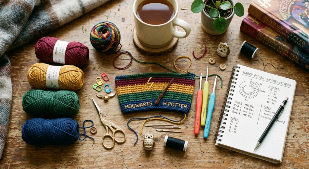 Crochet materials and yarn needed for a Harry Potter cup cozy pattern.