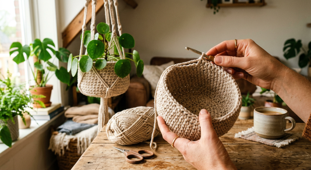 Crochet hanging plant pot being stitched with textured rows.