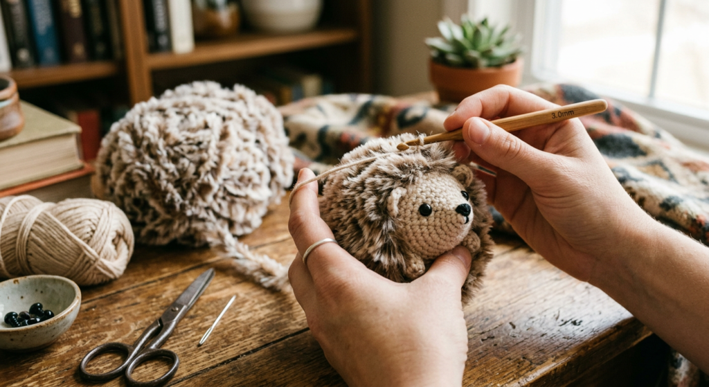Crochet hedgehog body with fluffy faux fur texture.